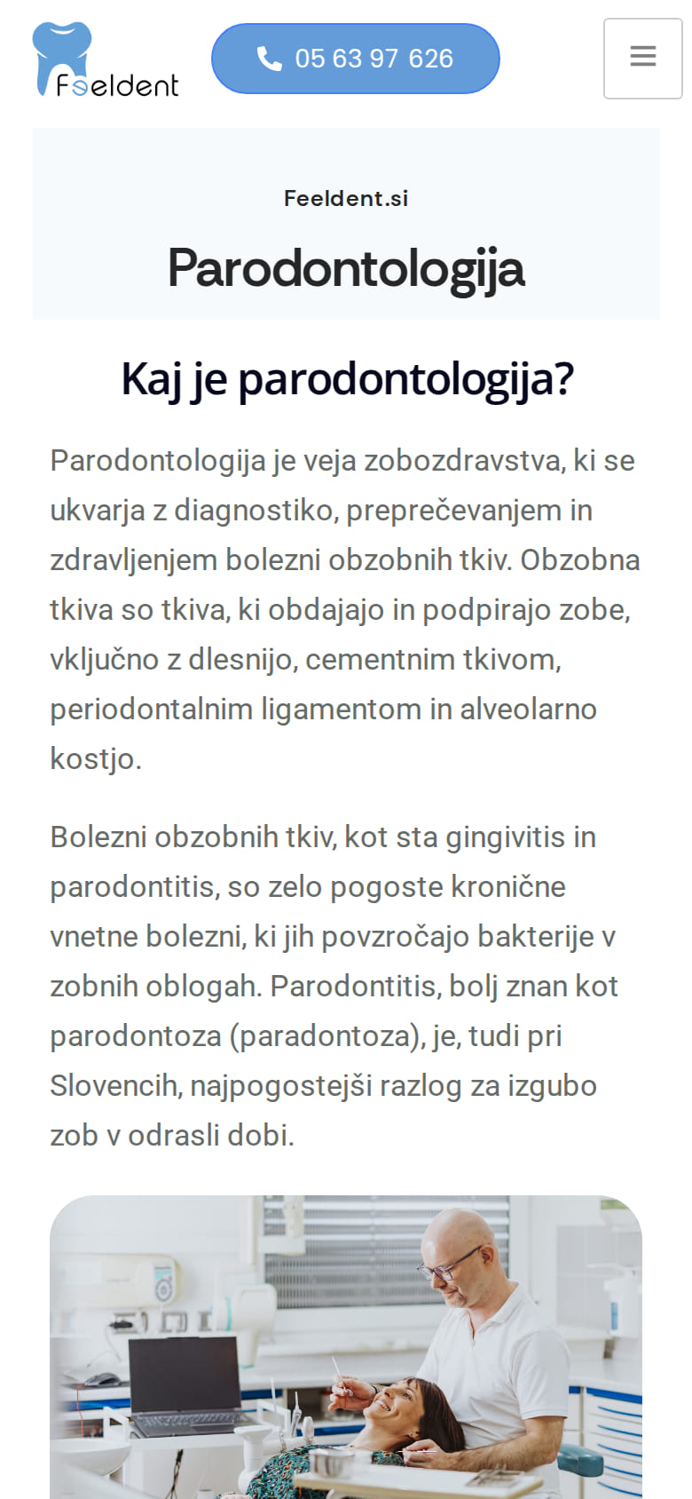 The parodontology page on a phone: the Feeldent logo, a call button, the heading Parodontologija and the opening of a plain-language explanation of what it is.