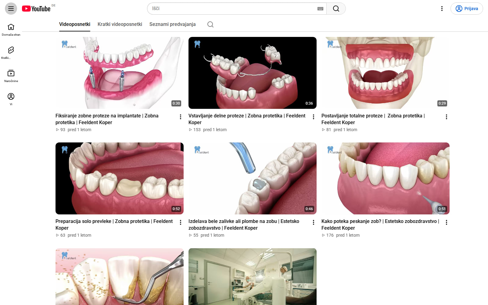 The clinic's YouTube channel, a grid of short animated videos titled in Slovenian — fitting a denture to implants, placing a crown, scaling — each watermarked with the Feeldent logo.