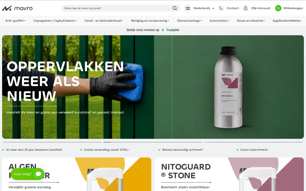 The Mavro International shop: a gloved hand wiping a green fence with a cloth beside a bottle of NitoShield coating, over a menu reading anti-graffiti, impregnation, façade and roof maintenance, cleaning, nano-coatings, automotive.