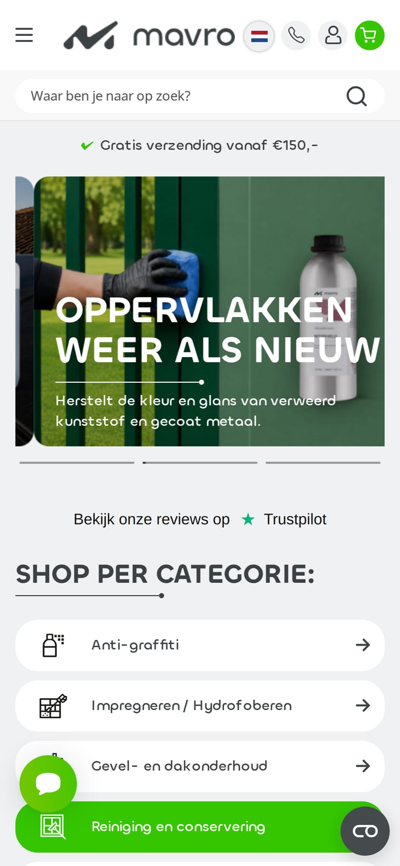 The Mavro shop on a phone, with the search field, the banner and the first product tiles.