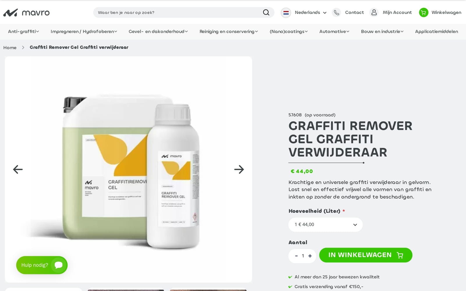 A product page for Graffiti Remover Gel, showing the SKU and stock status, the price, a Hoeveelheid (volume, in litres) selector and an add-to-cart button.