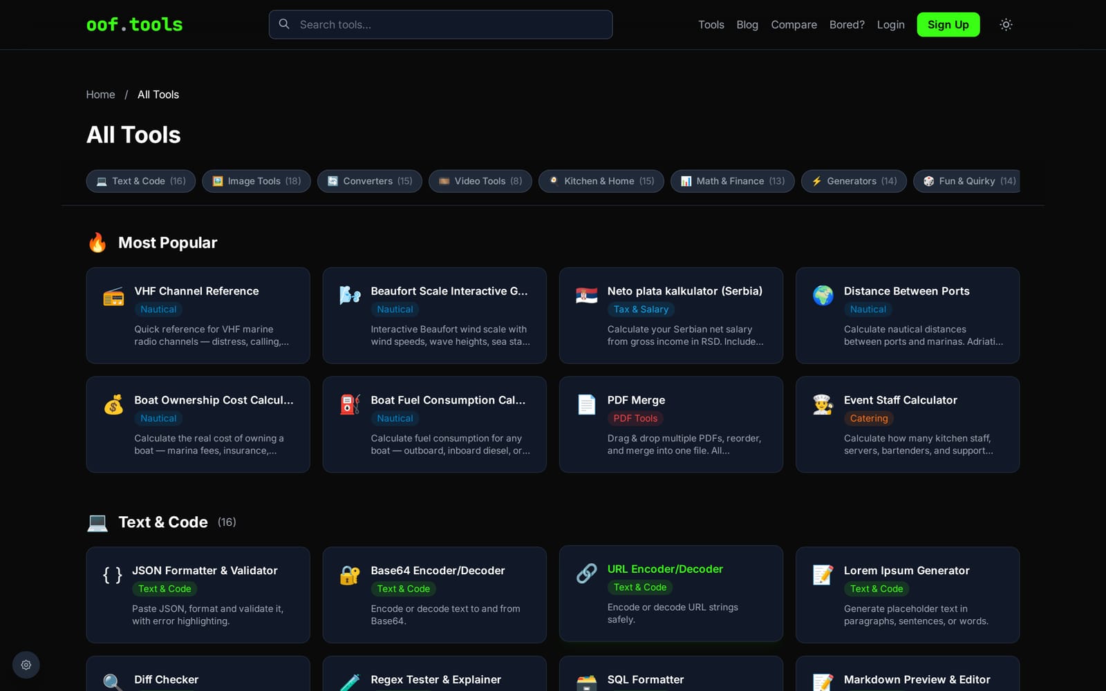 The All Tools page: category chips reading Text & Code, Image Tools, Converters, Video Tools, Kitchen & Home, Math & Finance, Generators, Fun & Quirky, above a grid of tool cards.