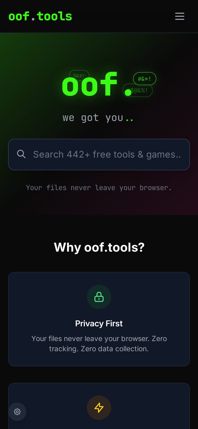 The oof.tools home page on a phone, with the green wordmark, the search box and the first category cards.