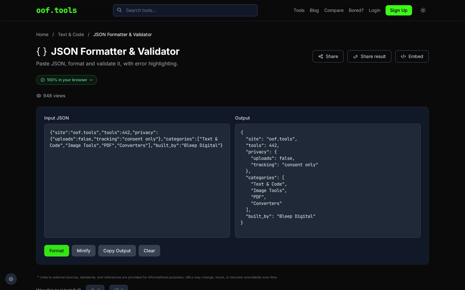 The JSON formatter with messy JSON pasted on the left and formatted output on the right, under a green badge reading '100% in your browser'.