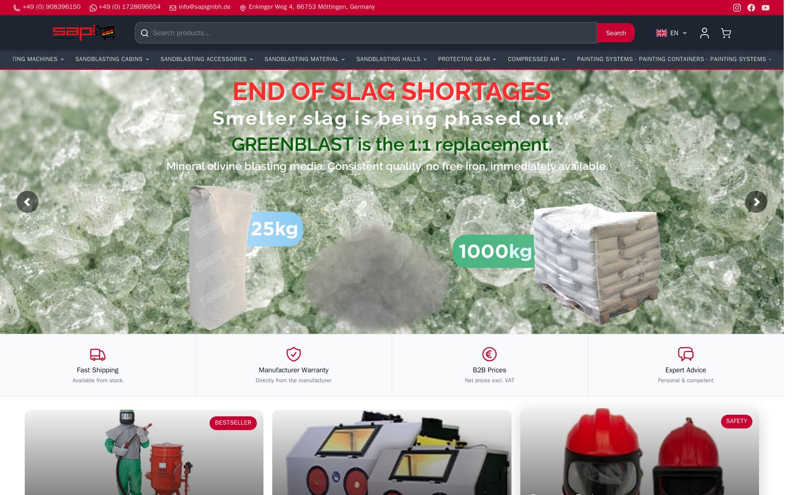 The same shop in English, with the navigation, banner and product names all translated.