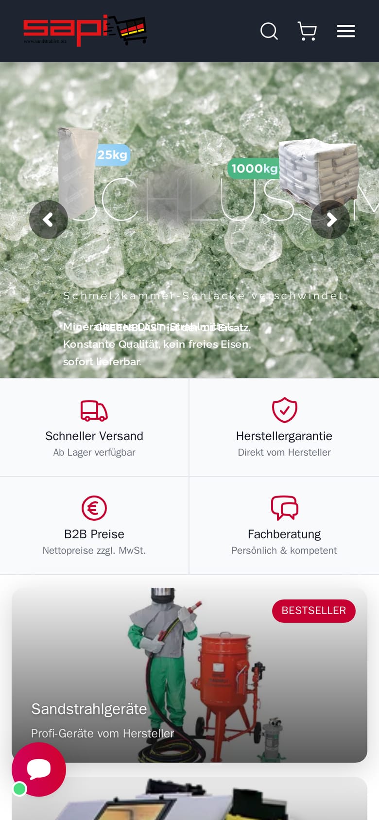 The sandstrahlen.biz home page on a phone, with the search field, the banner and the first product tiles.