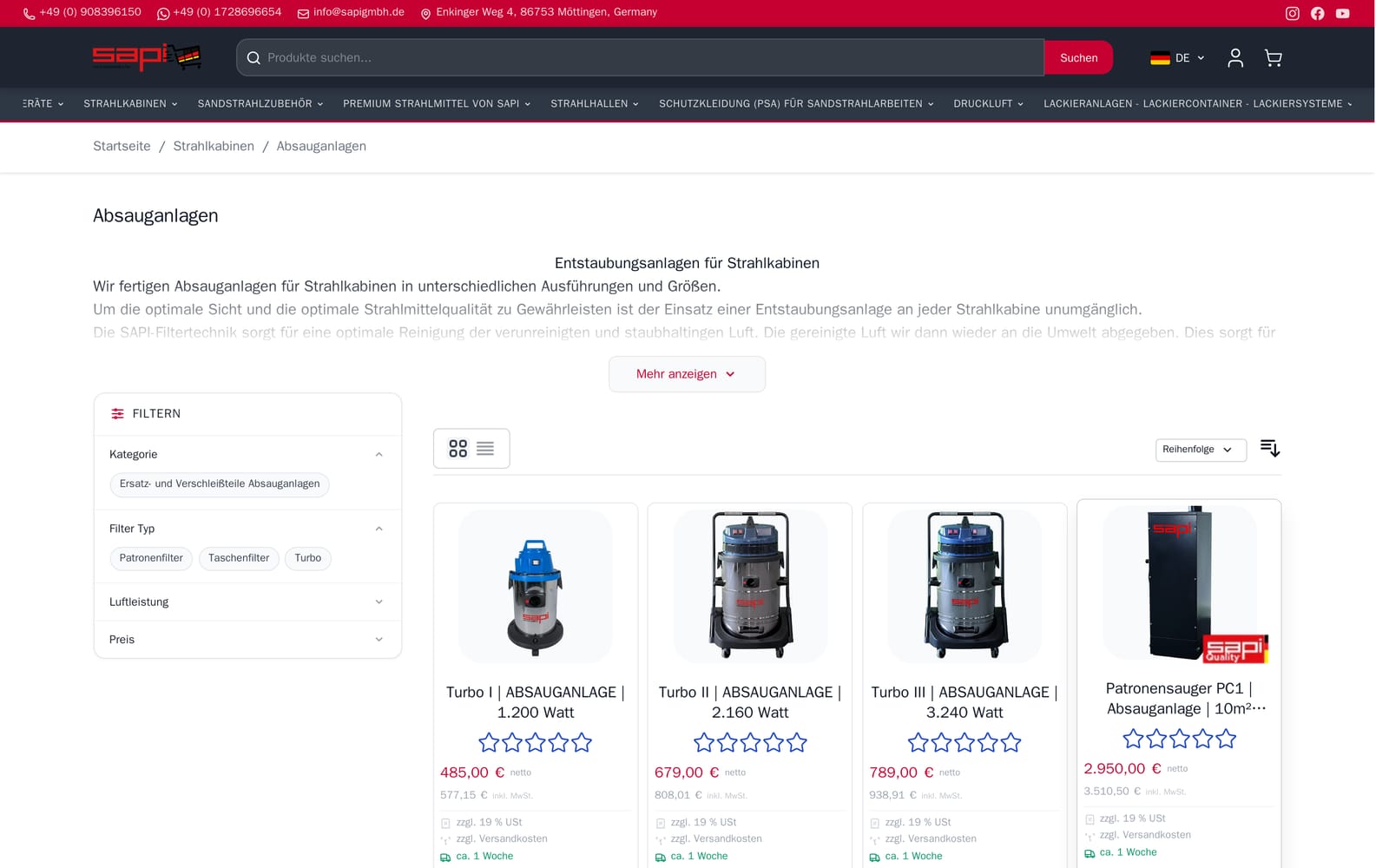 A category page listing extraction units, each with a large net price in red and the gross price with VAT beneath it, alongside a filter panel for category, filter type, air throughput and price.